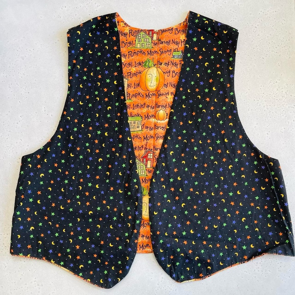 Halloween Handmade Reversible Orange Pumpkin Jack-O-Lantern Vest - Picture 6 of 6